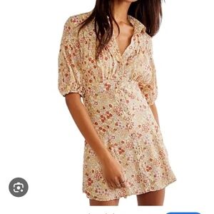 Free People Bonnie Dress Mini Chiffon Short Sleeve Button Front Fall Earth Tones